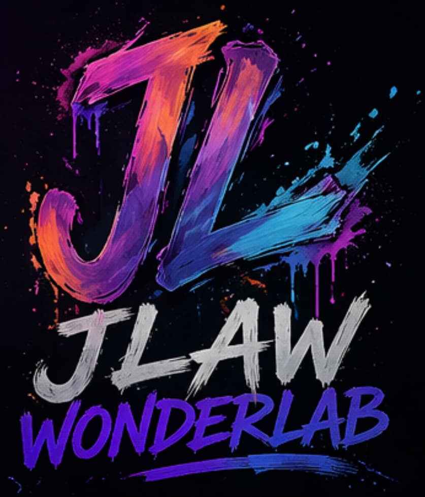 Expressive painted JL monogram in orange, blue, and black.